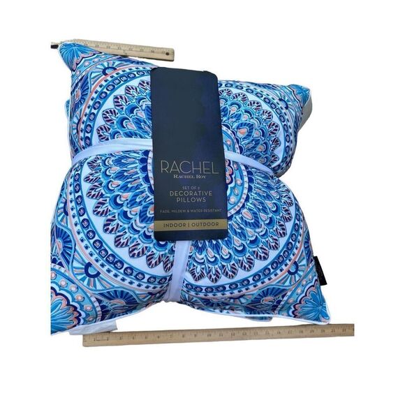 2 Rachel Roy Blue Orange Outdoor Pillows NEW 15"x15" Water Repellent - Picture 1 of 3